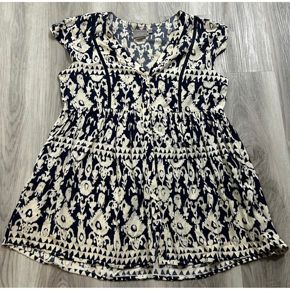 Vanessa Virginia Anthropologie Ikat Tunic Top Navy Cream Empire Waist Large boho
